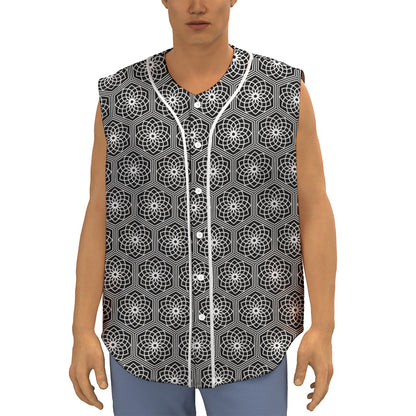 White And Black Lotus Pattern Print Sleeveless Baseball Jersey