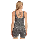 White And Black Lotus Pattern Print Sleeveless One Piece Swimsuit