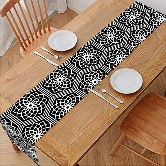 White And Black Lotus Pattern Print Table Runner