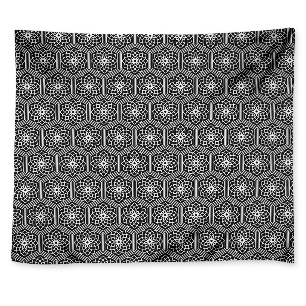 White And Black Lotus Pattern Print Tapestry
