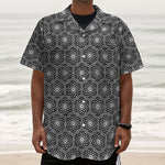 White And Black Lotus Pattern Print Textured Short Sleeve Shirt