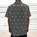 White And Black Lotus Pattern Print Textured Short Sleeve Shirt