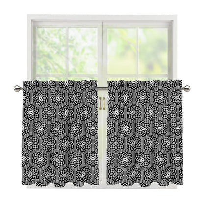 White And Black Lotus Pattern Print Tier Curtains