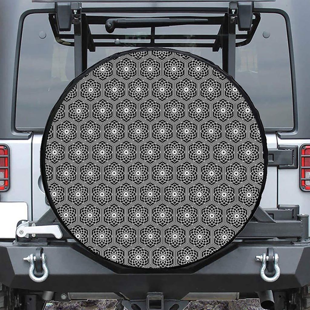White And Black Lotus Pattern Print Tire Cover