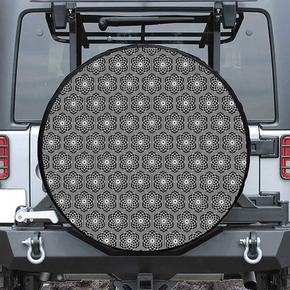 White And Black Lotus Pattern Print Tire Cover