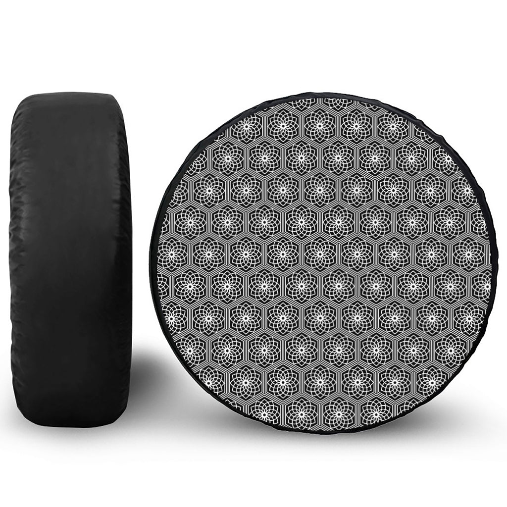 White And Black Lotus Pattern Print Tire Cover