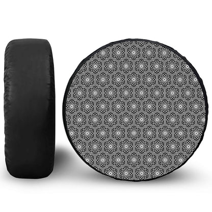 White And Black Lotus Pattern Print Tire Cover