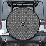 White And Black Lotus Pattern Print Tire Cover With Camera Hole