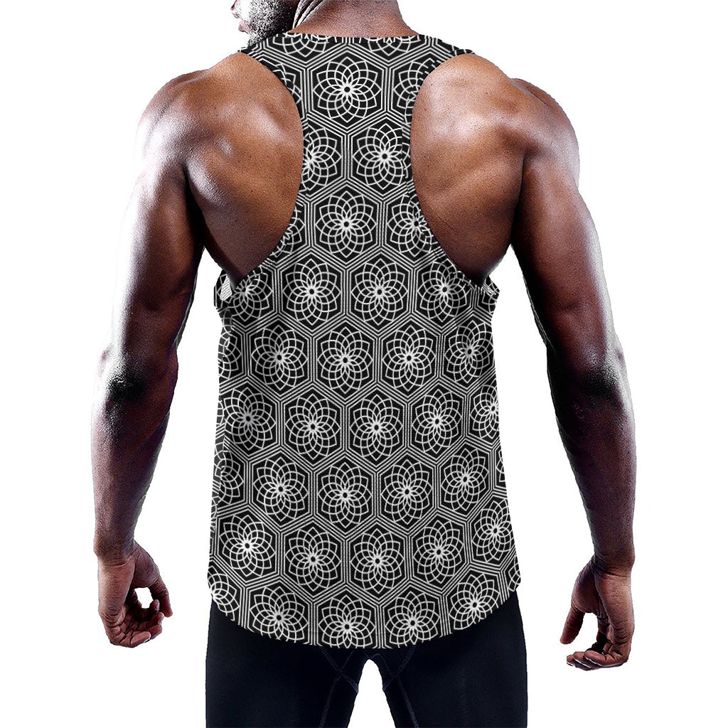 White And Black Lotus Pattern Print Training Tank Top