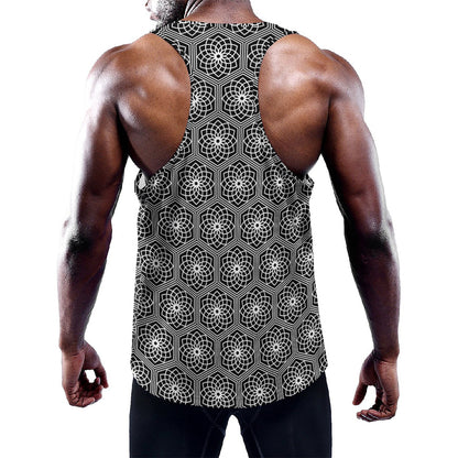White And Black Lotus Pattern Print Training Tank Top