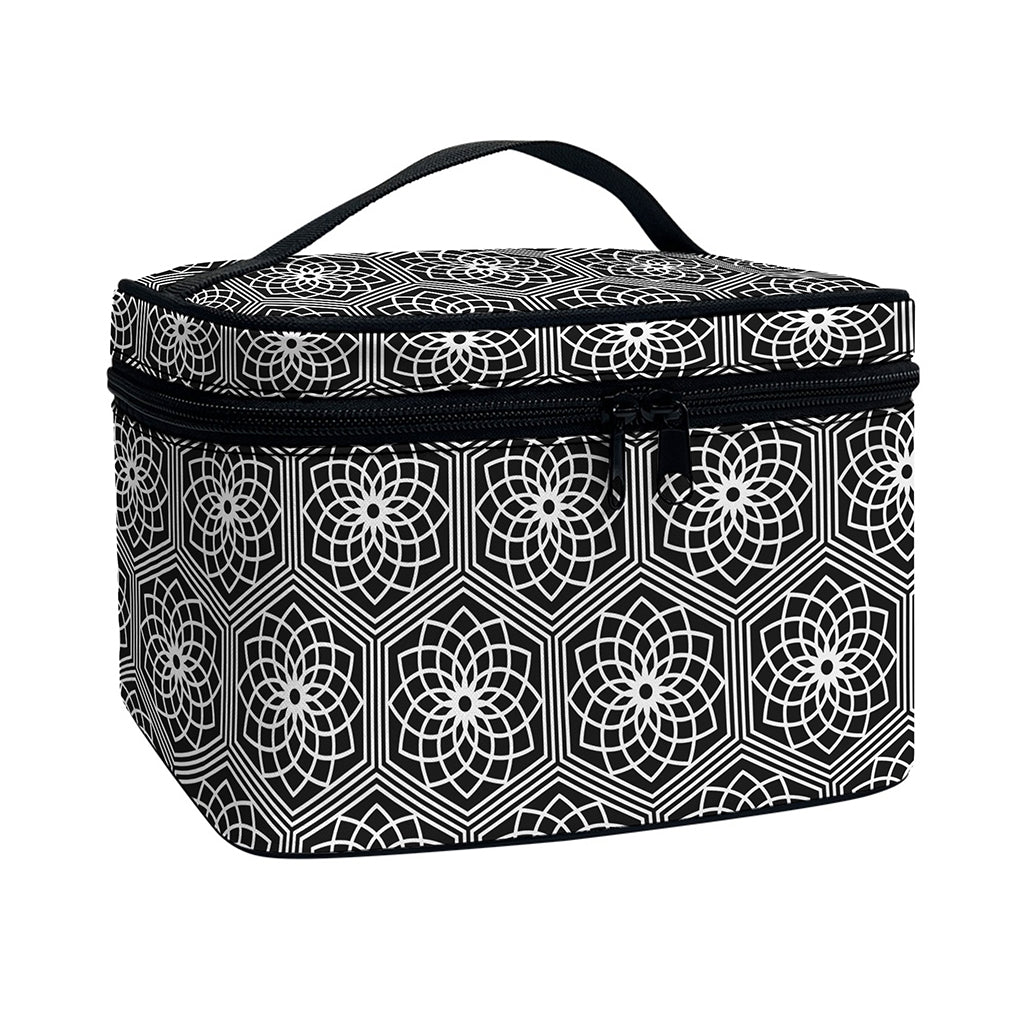 White And Black Lotus Pattern Print Travel Makeup Bag