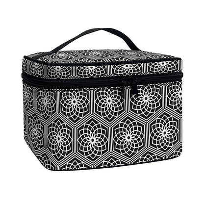 White And Black Lotus Pattern Print Travel Makeup Bag