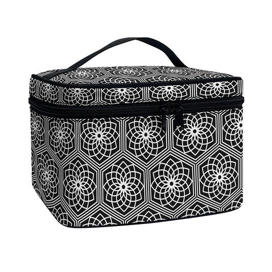 White And Black Lotus Pattern Print Travel Makeup Bag