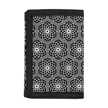 White And Black Lotus Pattern Print Trifold Wallet