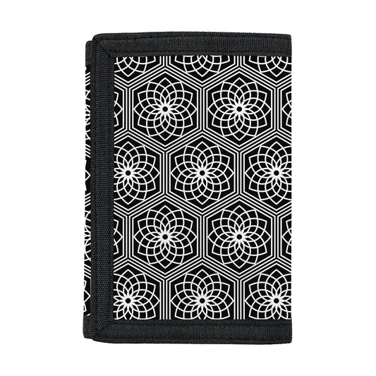 White And Black Lotus Pattern Print Trifold Wallet