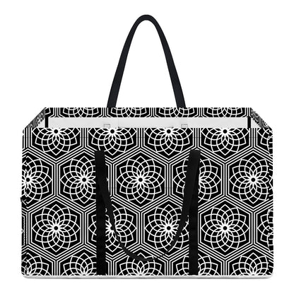 White And Black Lotus Pattern Print Utility Tote Bag