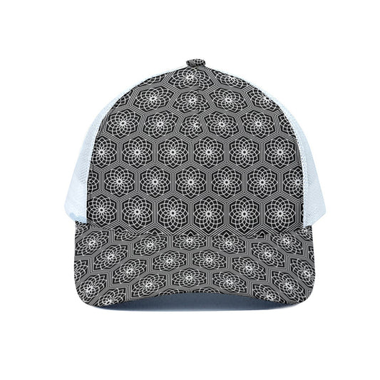 White And Black Lotus Pattern Print White Mesh Trucker Cap
