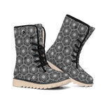 White And Black Lotus Pattern Print Winter Boots