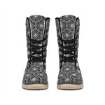 White And Black Lotus Pattern Print Winter Boots