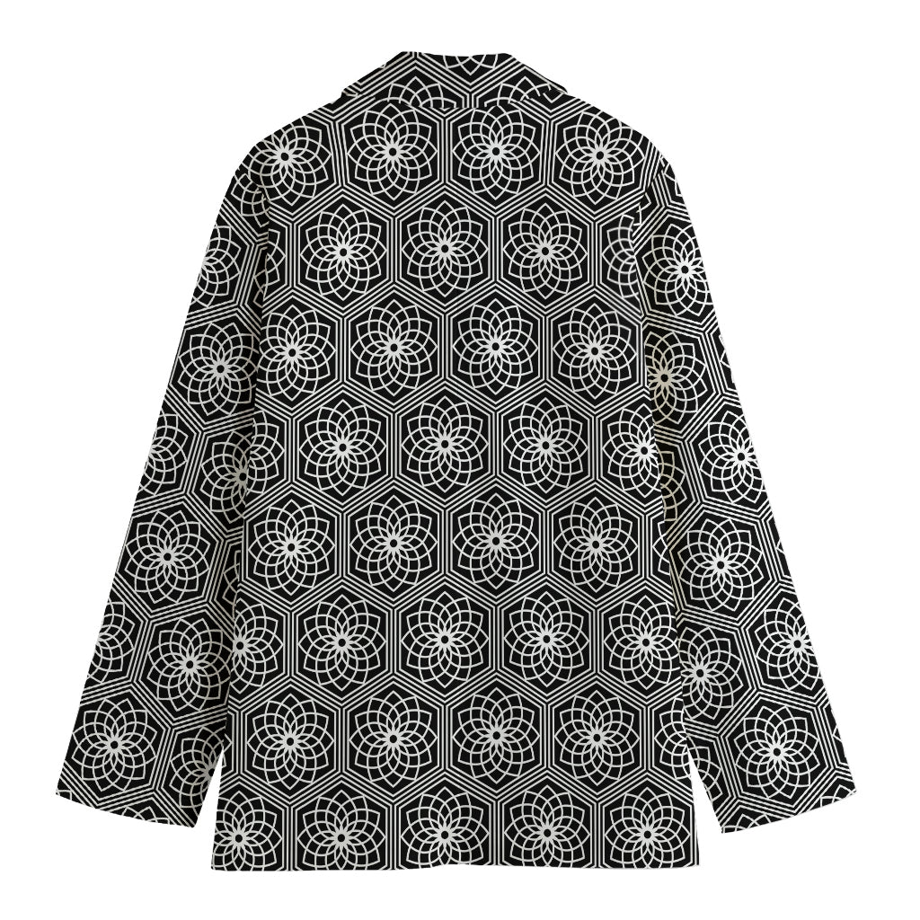 White And Black Lotus Pattern Print Women's Blazer