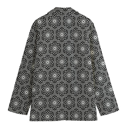 White And Black Lotus Pattern Print Women's Blazer