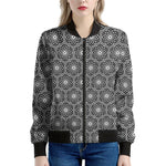 White And Black Lotus Pattern Print Women's Bomber Jacket