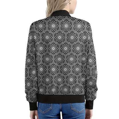 White And Black Lotus Pattern Print Women's Bomber Jacket