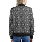 White And Black Lotus Pattern Print Women's Bomber Jacket