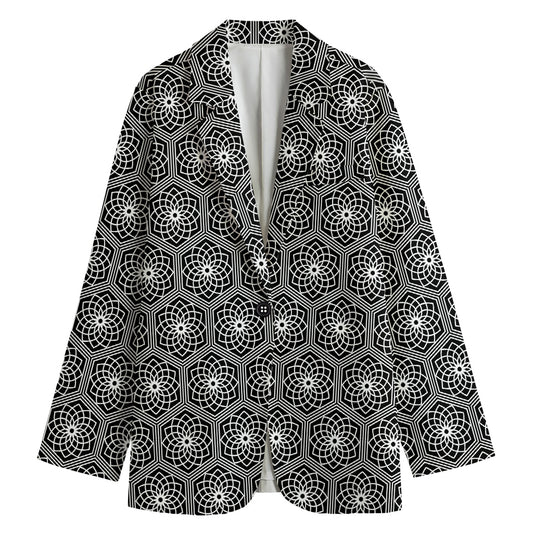 White And Black Lotus Pattern Print Women's Cotton Blazer