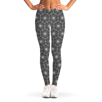 White And Black Lotus Pattern Print Women's Leggings