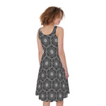 White And Black Lotus Pattern Print Women's Sleeveless Dress