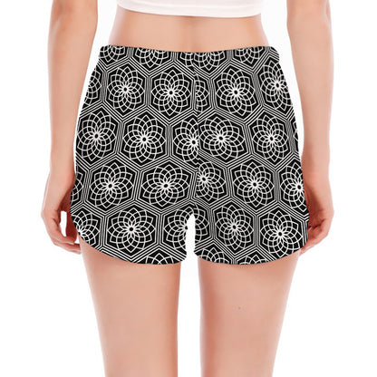 White And Black Lotus Pattern Print Women's Split Running Shorts