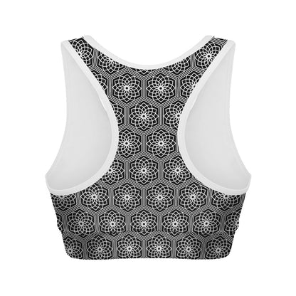 White And Black Lotus Pattern Print Women's Sports Bra