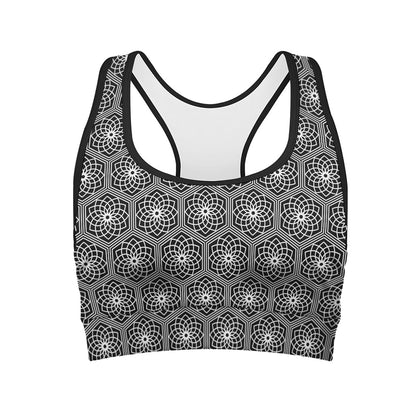 White And Black Lotus Pattern Print Women's Sports Bra