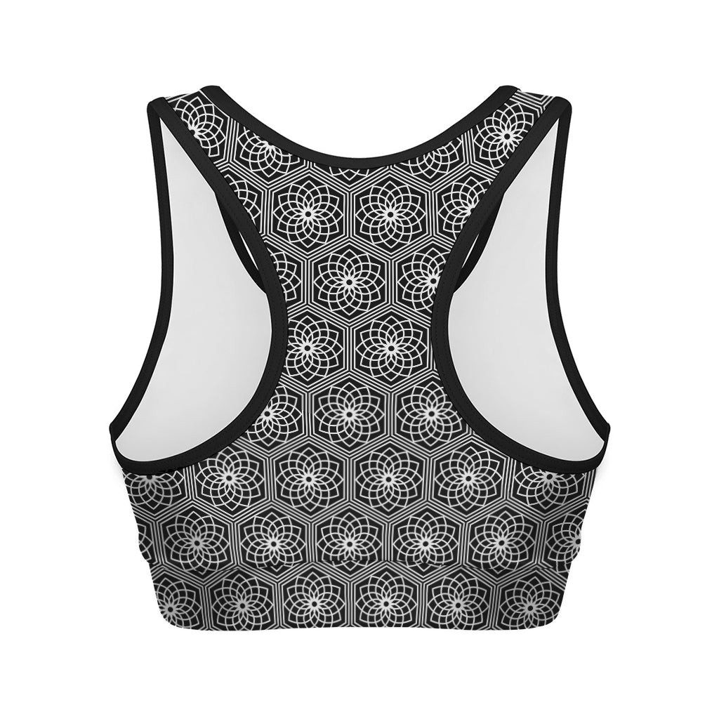 White And Black Lotus Pattern Print Women's Sports Bra