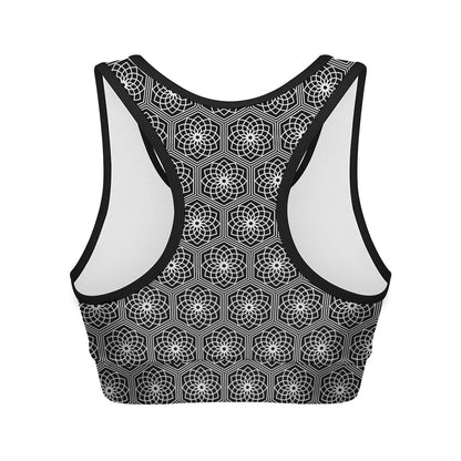 White And Black Lotus Pattern Print Women's Sports Bra