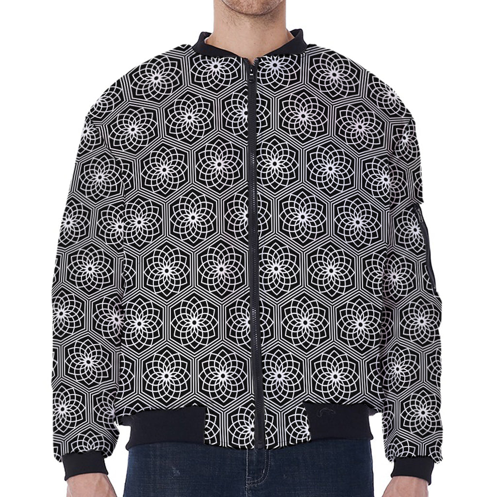 White And Black Lotus Pattern Print Zip Sleeve Bomber Jacket