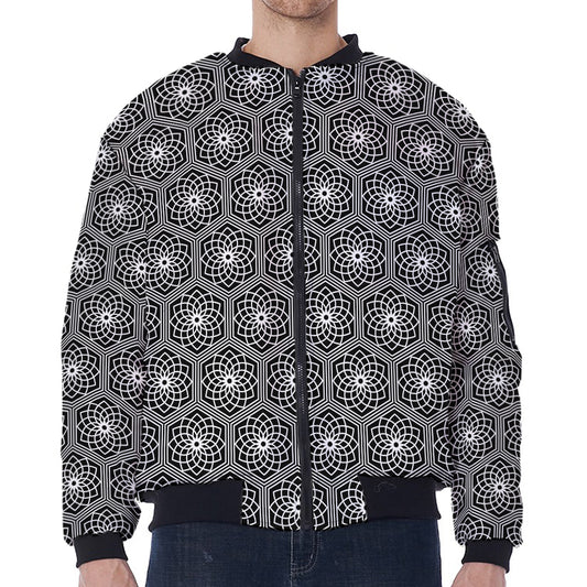 White And Black Lotus Pattern Print Zip Sleeve Bomber Jacket