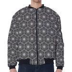 White And Black Lotus Pattern Print Zip Sleeve Bomber Jacket