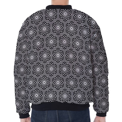White And Black Lotus Pattern Print Zip Sleeve Bomber Jacket