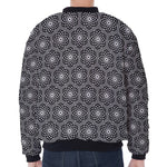 White And Black Lotus Pattern Print Zip Sleeve Bomber Jacket