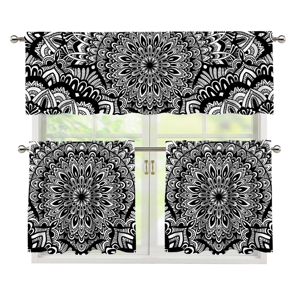 White And Black Mandala Print 3 Piece Kitchen Curtains