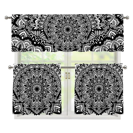 White And Black Mandala Print 3 Piece Kitchen Curtains