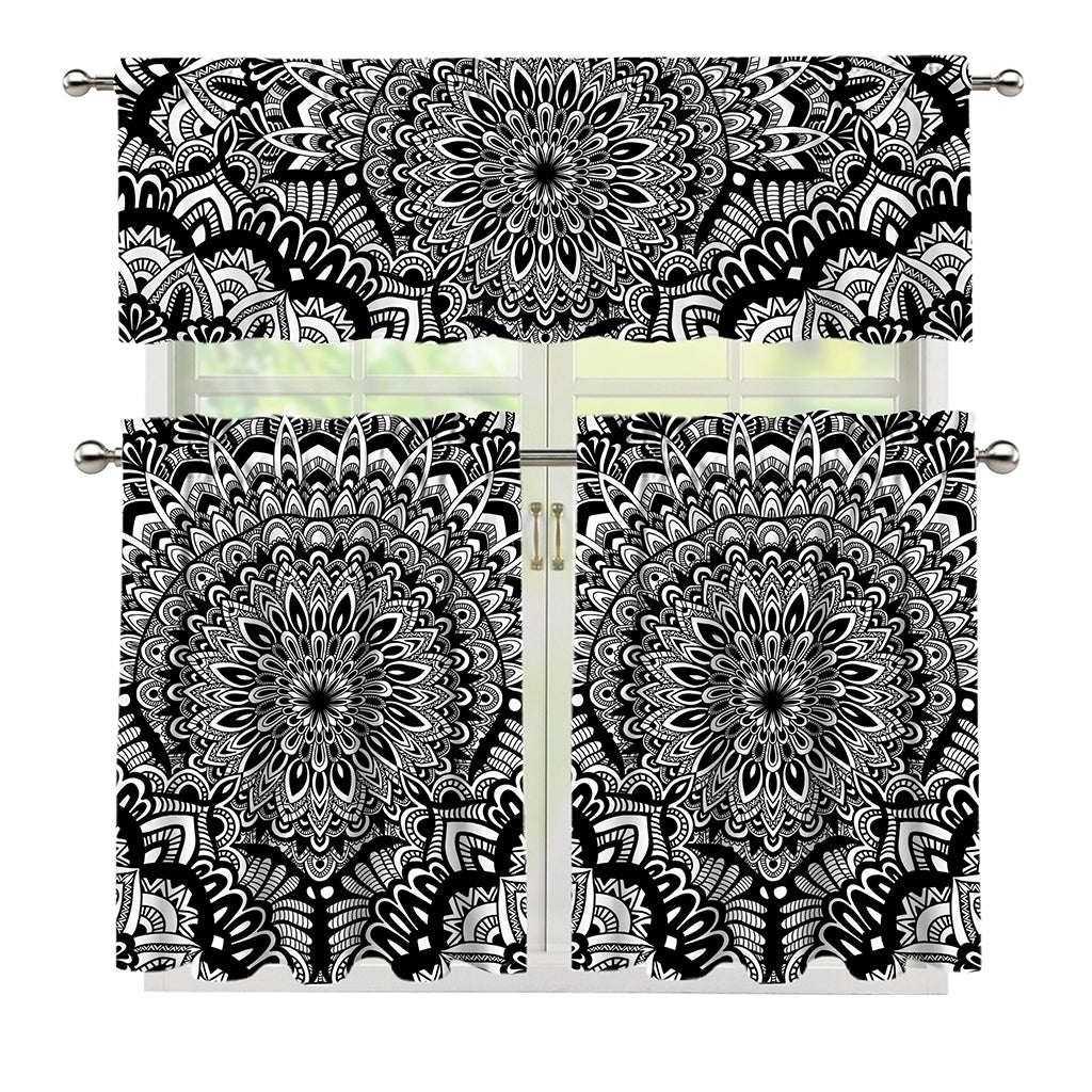White And Black Mandala Print 3 Piece Kitchen Curtains