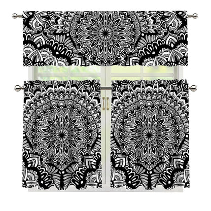 White And Black Mandala Print 3 Piece Kitchen Curtains