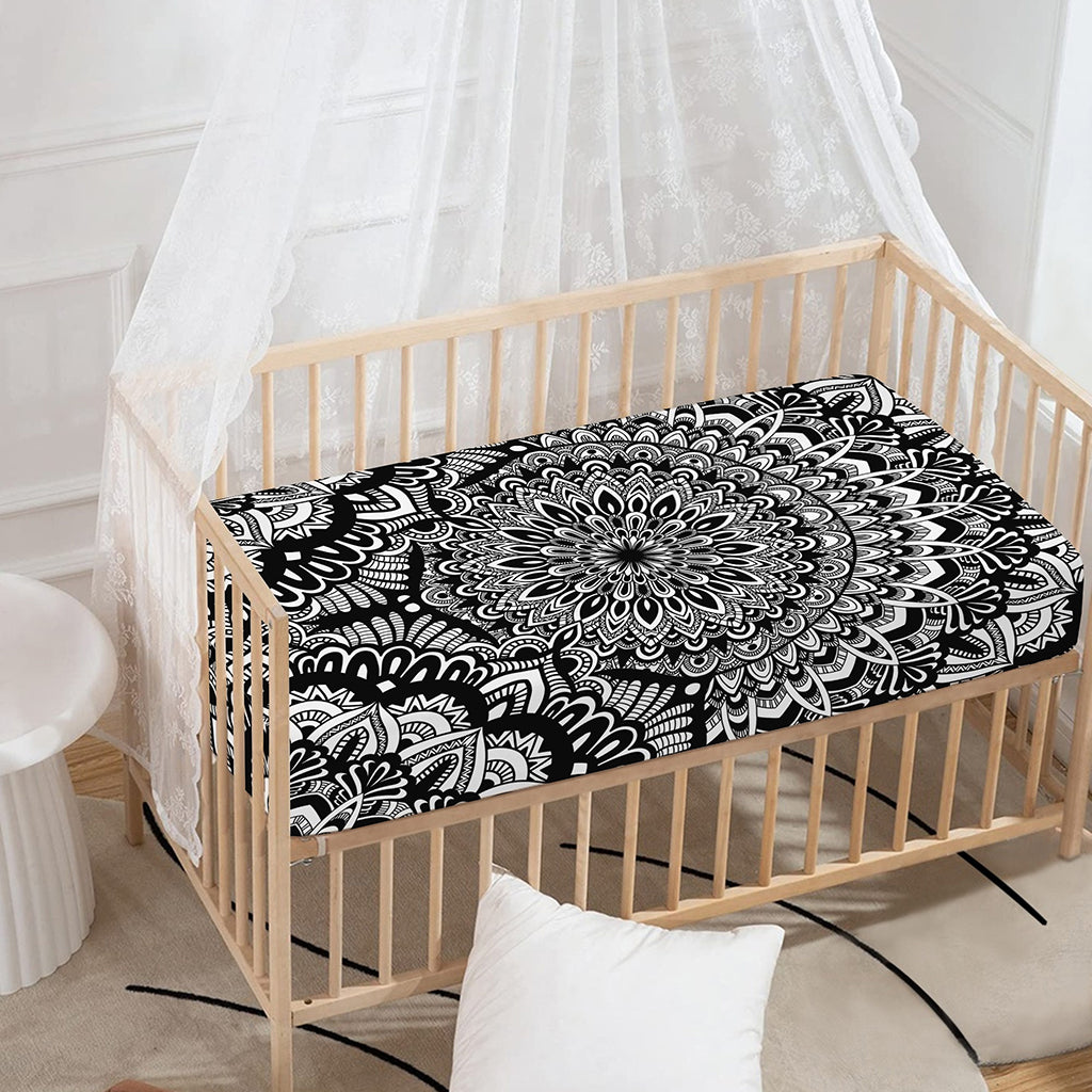 White And Black Mandala Print Baby Crib Sheet