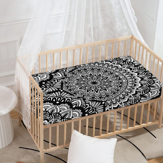 White And Black Mandala Print Baby Crib Sheet