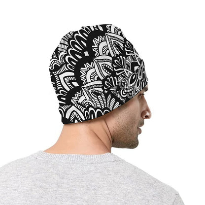 White And Black Mandala Print Beanie