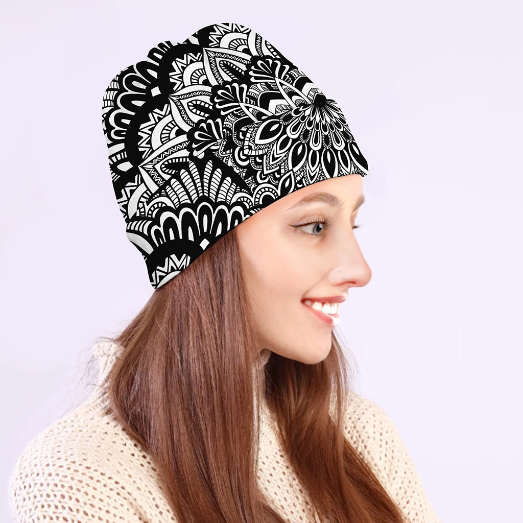 White And Black Mandala Print Beanie