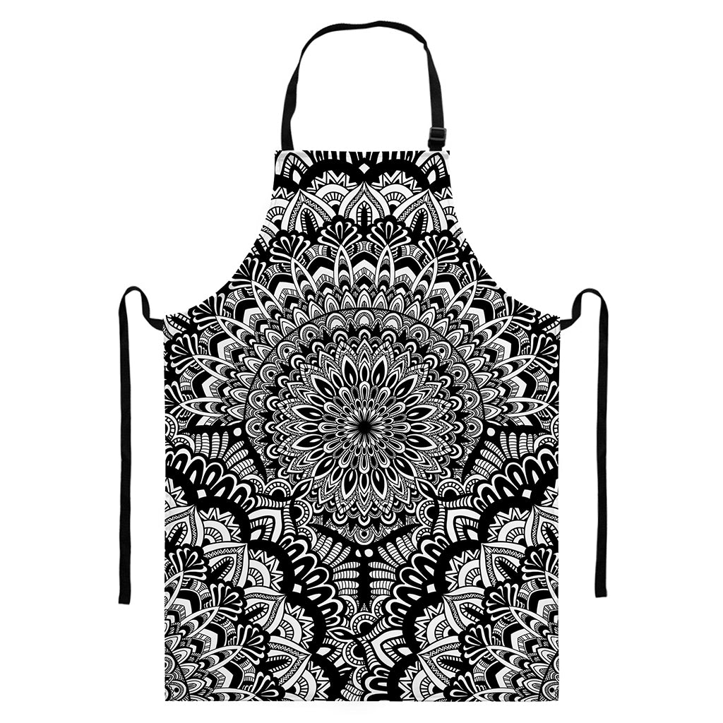 White And Black Mandala Print Bib Apron With Pocket